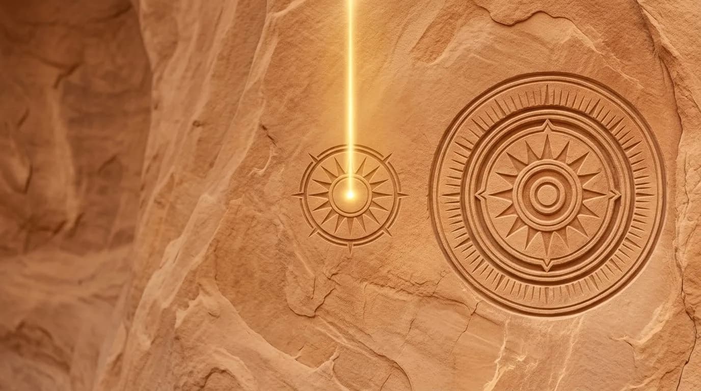 Ancient carved solar wheel with light ray