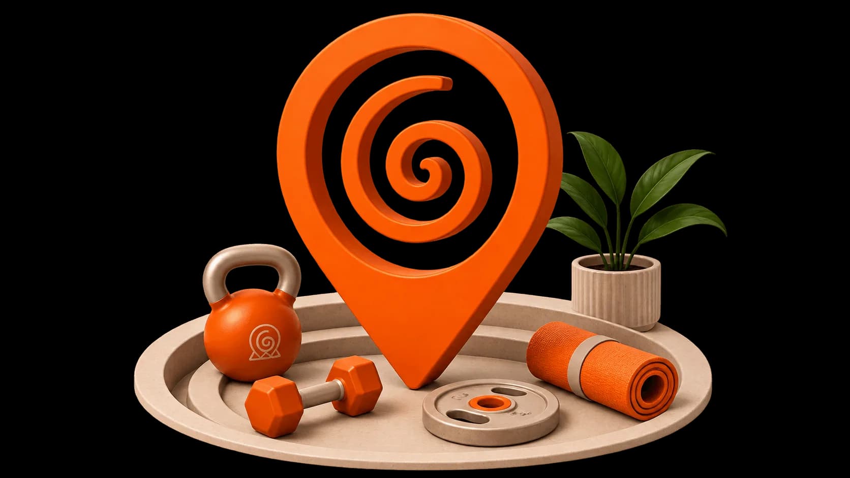 Area 6 spiral logo icon, kettlebell, and fitness gear showcase