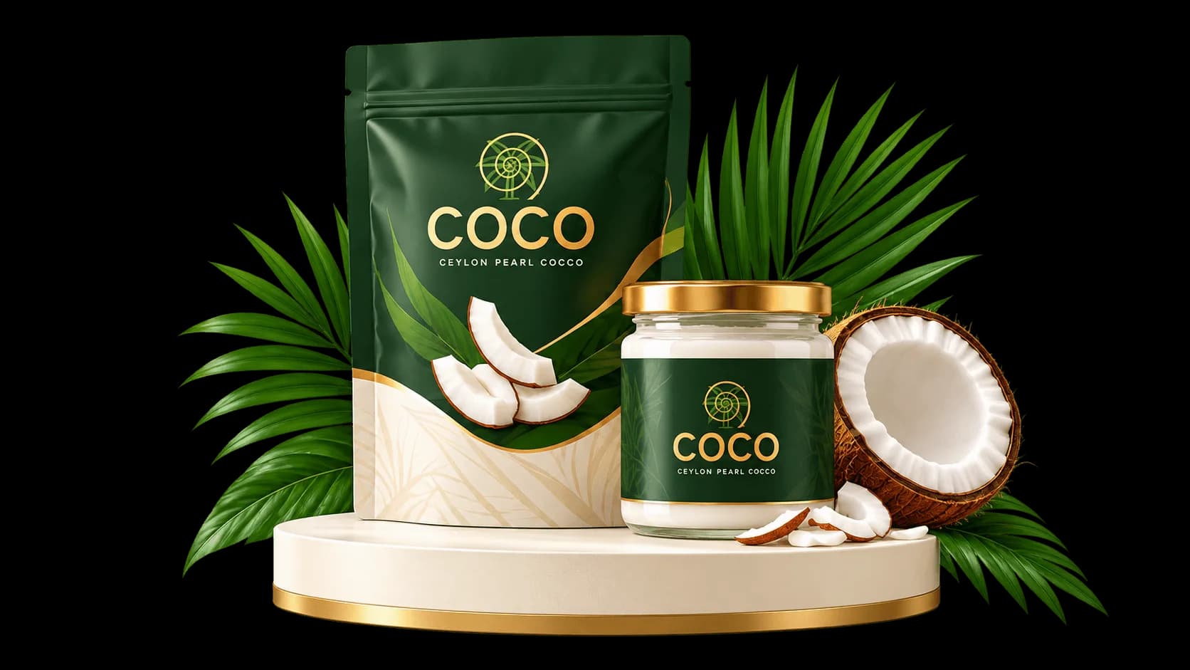 COCO Coconut Oil Jar, Packaging Pouch and Natural Lifestyle Showcase
